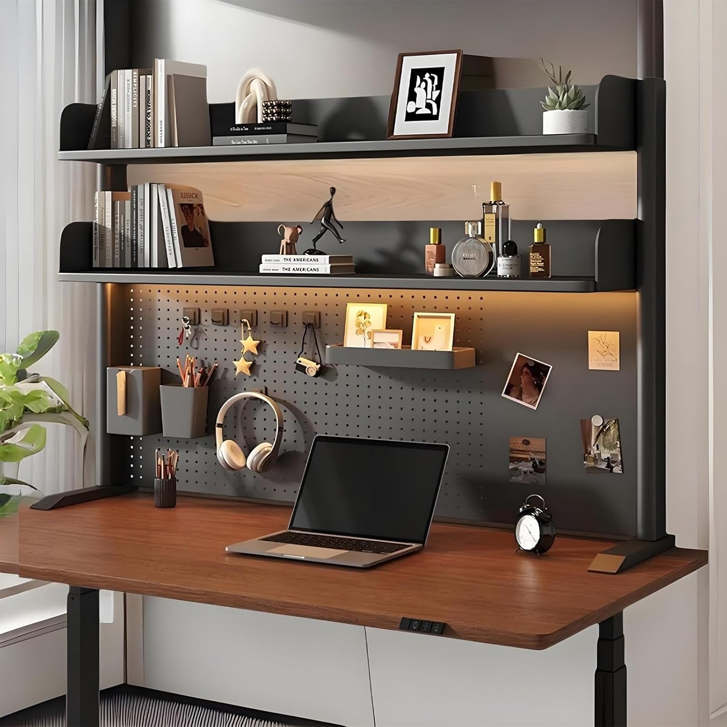 Desk Organizer Shelf for Standing Desk – Metal Frame Desk Hutch with Pegboard, Storage Shelf, and Hooks, Space-Saving Desktop Organizer for Home Office & Workstation Black 23.6 * 9.3 * 37.4in