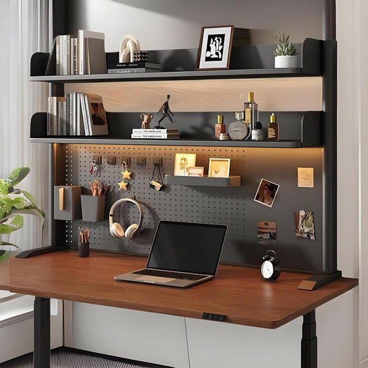 Desk Organizer Shelf for Standing Desk – Metal Frame Desk Hutch with Pegboard, Storage Shelf, and Hooks, Space-Saving Desktop Organizer for Home Office & Workstation Black 23.6 * 9.3 * 37.4in