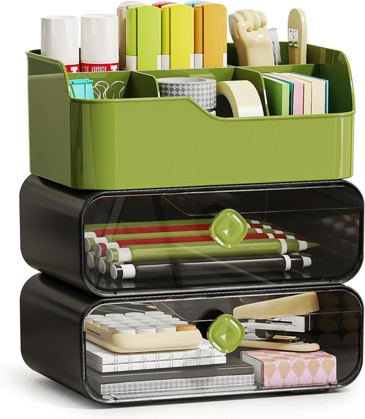 TEAMIX 3 Tier Desk Organizer with 2 Clear Drawers & 6 Slots, Stackable Desktop Drawer Organizer, Plastic Pencil Pen Holder Stationary Storage Makeup Organizer for Office/School/Art Supplies (Black)