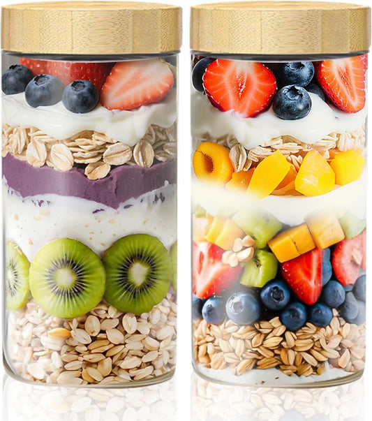 24oz Overnight Oats Containers with Bamboo Lids, Glass Jars with Airtight Lids, Wide Mouth Mason Meal Prep Jars, Food Storage Container for Yogurt Salad Chia Pudding Snacks Spice Sugar,2 Pack
