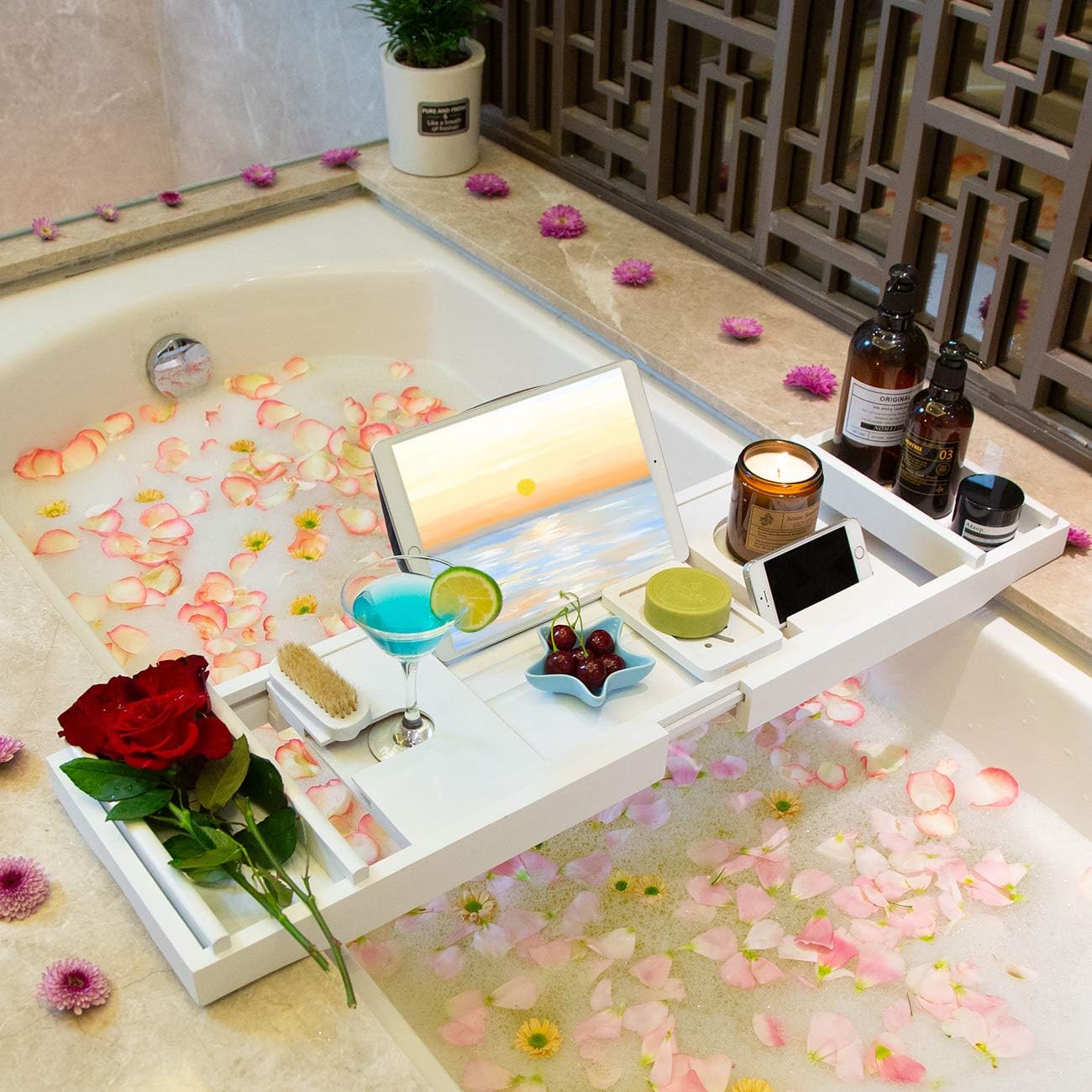 Bathtub Caddy Tray for Luxury Bath - Bamboo Waterproof Expandable Bath Table Over Tub with Wine and Book Holder and Free Soap Dish (White)