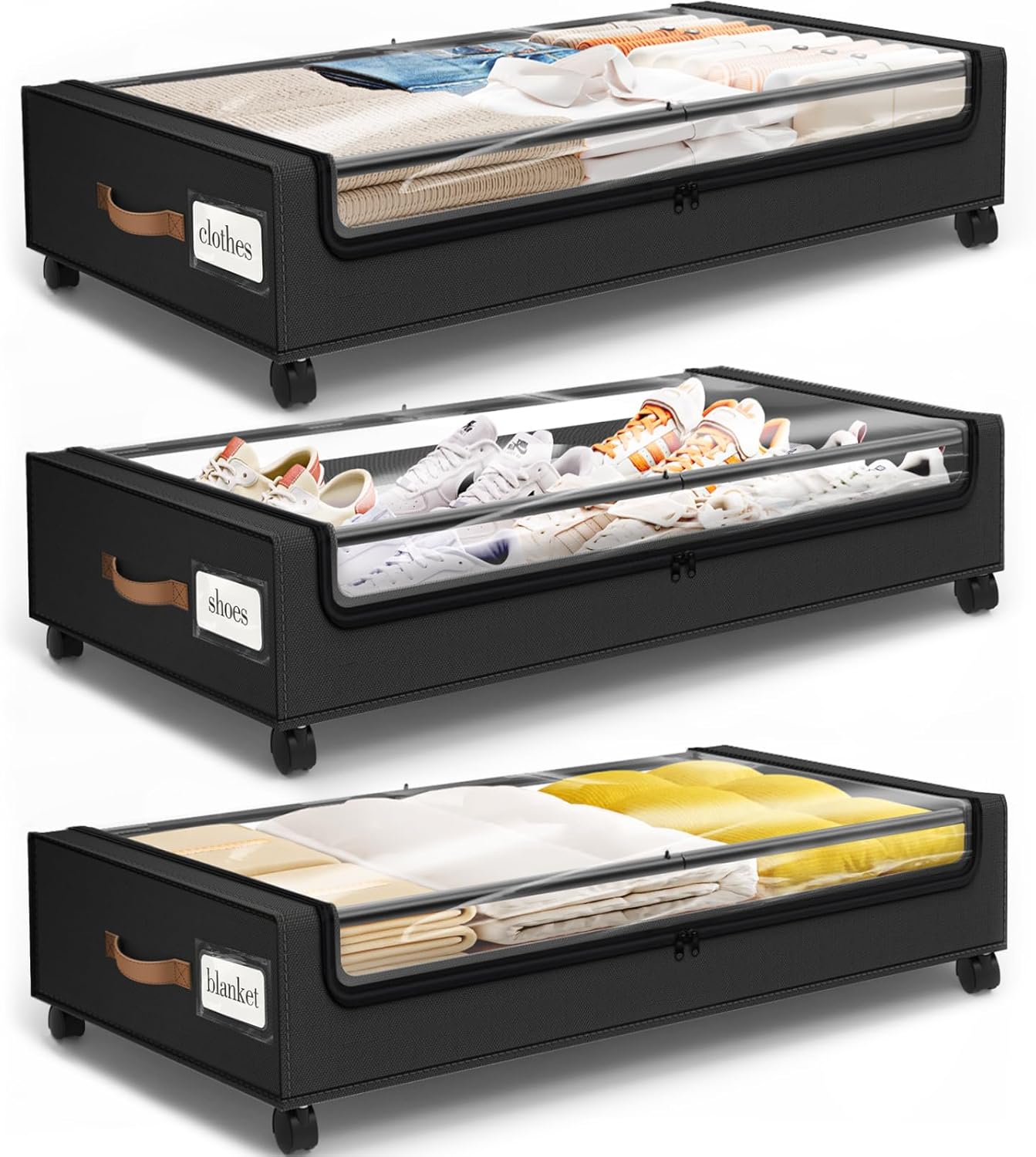 Under Bed Storage with Wheels 3Pack Storage Containers with Clear Window&Label Under Bed Drawers Rolling Under Bed Storage for Clothes,Shoes, Blankets (30.71 x 16.93 x 6.69 in, Black)