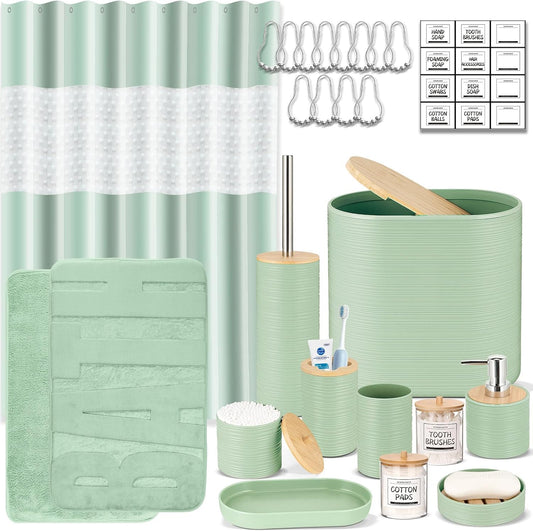 IMAVO Green Bathroom Set,26Pcs Bathroom Accessories Set with PVC Shower Curtain,Rugs,Trash Can,Tray,Soap Dispenser,Soap Dish,Toothbrush Holder,Toothbrush Cup,Toilet Brush Holder and Qtip Holders