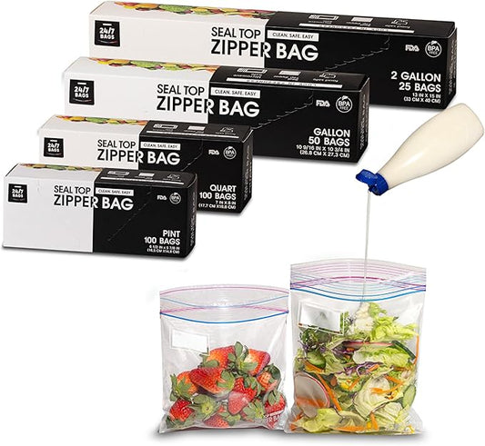 24/7 Bags- Variety Zip Storage Bags, 275 Count, 4 Sizes Including 2 Gallons, Easy Grip Open Tabs, Write-On Space, BPA-Free & Heavy Duty, Microwave Safe, Non-StandUp