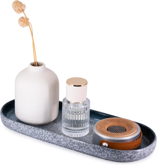 Large Ceramic Bathroom Vanity Tray, 10" Decorative Tray for Countertop, Soap Dispenser Tray for Kitchen Sink, Countertop Organizer for Jewelry, Cosmetics, Candles, Lotion and Perfume (Blue)