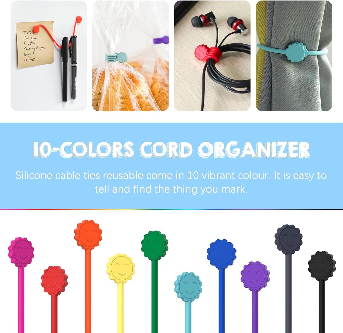 Rich&Ray Silicone Magnetic Cable Ties, Reusable Phone Cord Organizer, Magnetic Twist Ties for Headphone Cables, Charging Cable Organizer, Book Markers, Hanging Stuff or Just for fun, 10 Color-20Pack