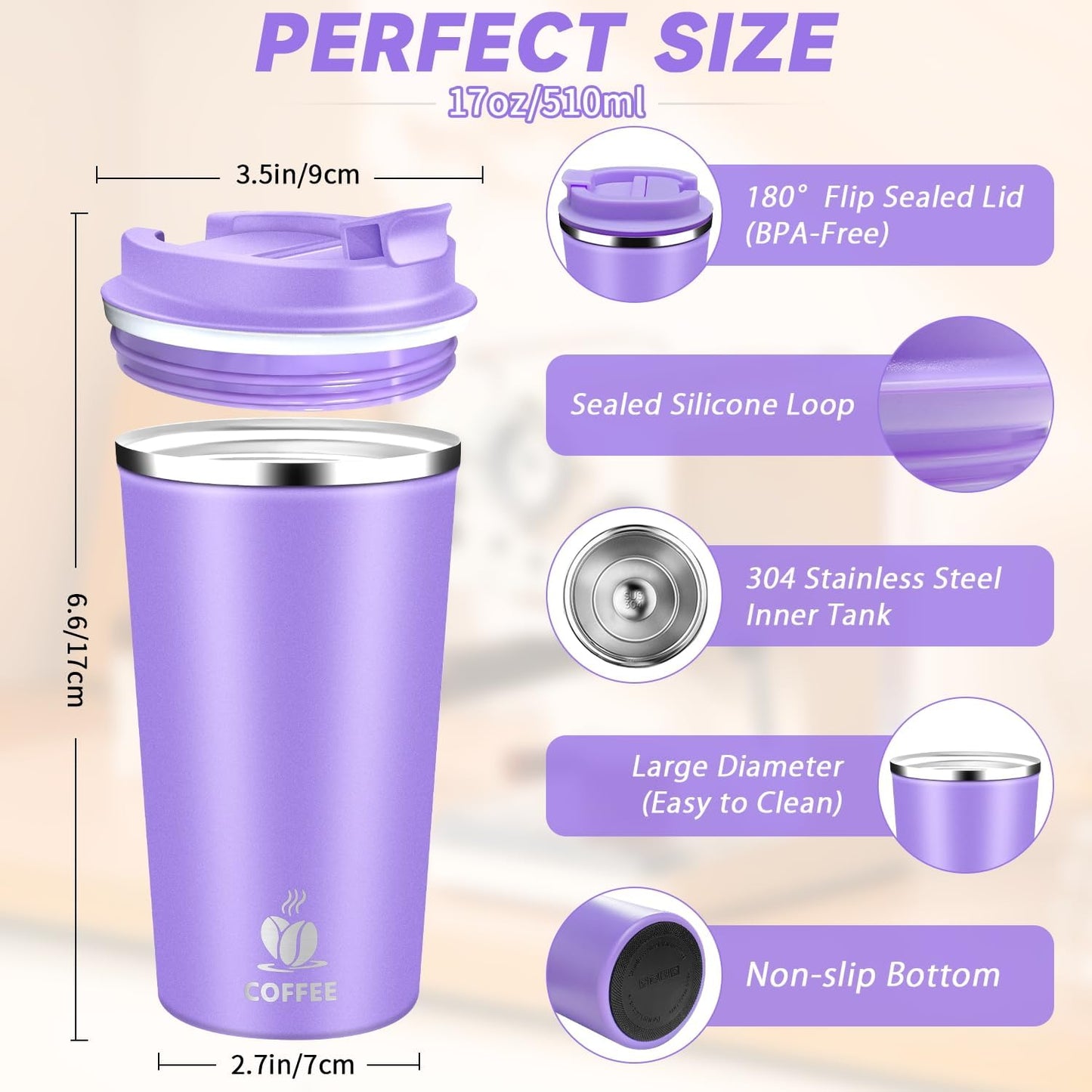 Insulated Travel Coffee Mug Reusable Coffee Tumbler Cup with Flip Lid Leak Proof Spill Proof for Office School Party Camping Hot and Cold Drink,Stainless Steel 17oz (Purple)