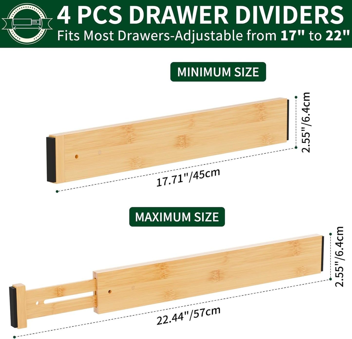 4 Pack Bamboo Drawer Dividers 2.6" High,17-22" Adjustable Spring Loaded Clothes Drawer Organizers for Kitchen, Dresser, Bathroom, Bedroom and Office