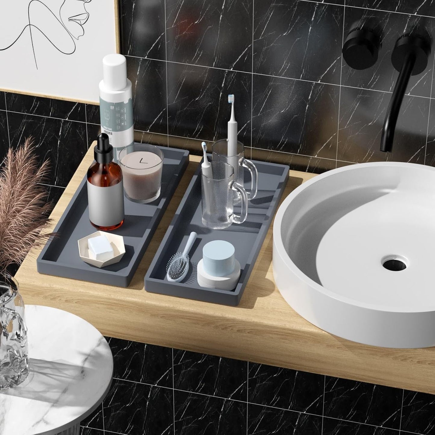 BBK Bathroom Trays 2 Pack (Large, Gray) - Silicone, Rectangular, Dishwasher Safe - Organize Toiletries & Grooming Products