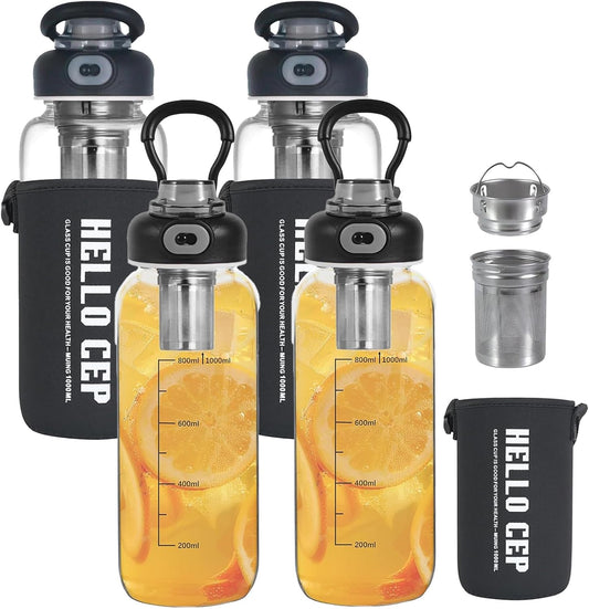 34oz Glass Water Bottle with capacity Mark & Stainless Steel Tea Strainer-Large Capacity for Hot/Cold Drinks,Coffee,Tea,and Water-Includes Protective Sleeve,Perfect for Home,Office (34oz4PCS)
