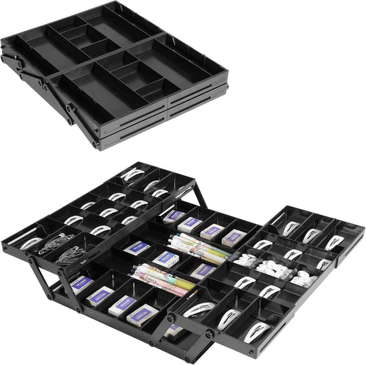 Aobiono Multi Level Smart Drawer Organizer, Multi Tier Expandable Storage Collapsible Foldable Trays for Jewelry, Cosmetics, Makeup, Tools, Battery (Black, Double Row - 2 Levels)
