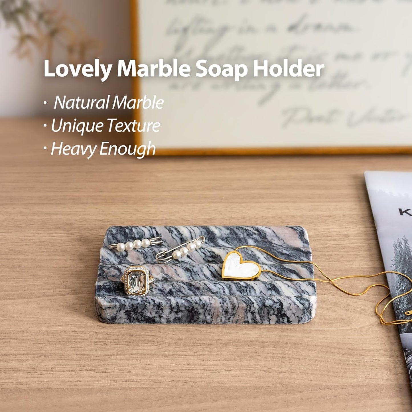 2 Pcs Soap Holder for Bathroom, Marble Soap Dish for Kitchen Countertop, Soap Tray with Creative Wavy Design, Saver for Bath Tub, Sponges, Italian Natural Stone(Rosso Luana)