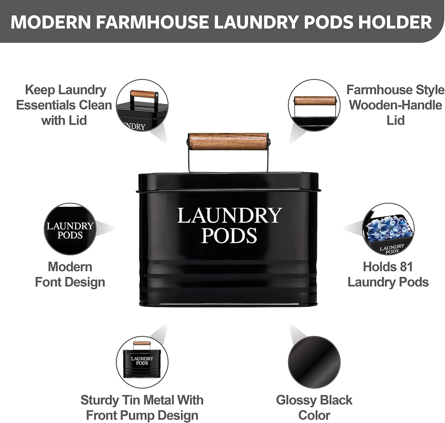 Calindiana Modern Farmhouse Metal Laundry Pods Holder with Lid - Space Saving Organization, Holds 81 Pods, Black