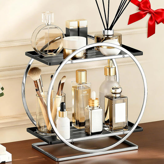 2-Tier Bathroom Organizer Countertop, Silver Black Perfume Organizer for Dresser, Multi-Purpose Makeup Organizer, Large Cosmetic Skincare Organizers, Exquisite Vanity Storage, Ideal for Gift