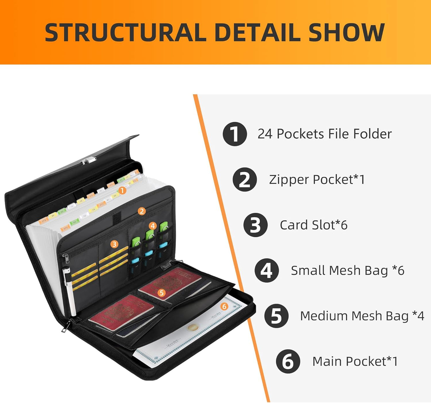 Hontom Accordion File Organizer,24 Pockets Fireproof Expanding File Folder with Multi Pockets,Portable Business Fireproof Storage Document Organizer Folder with Snap Closure for Documents and File