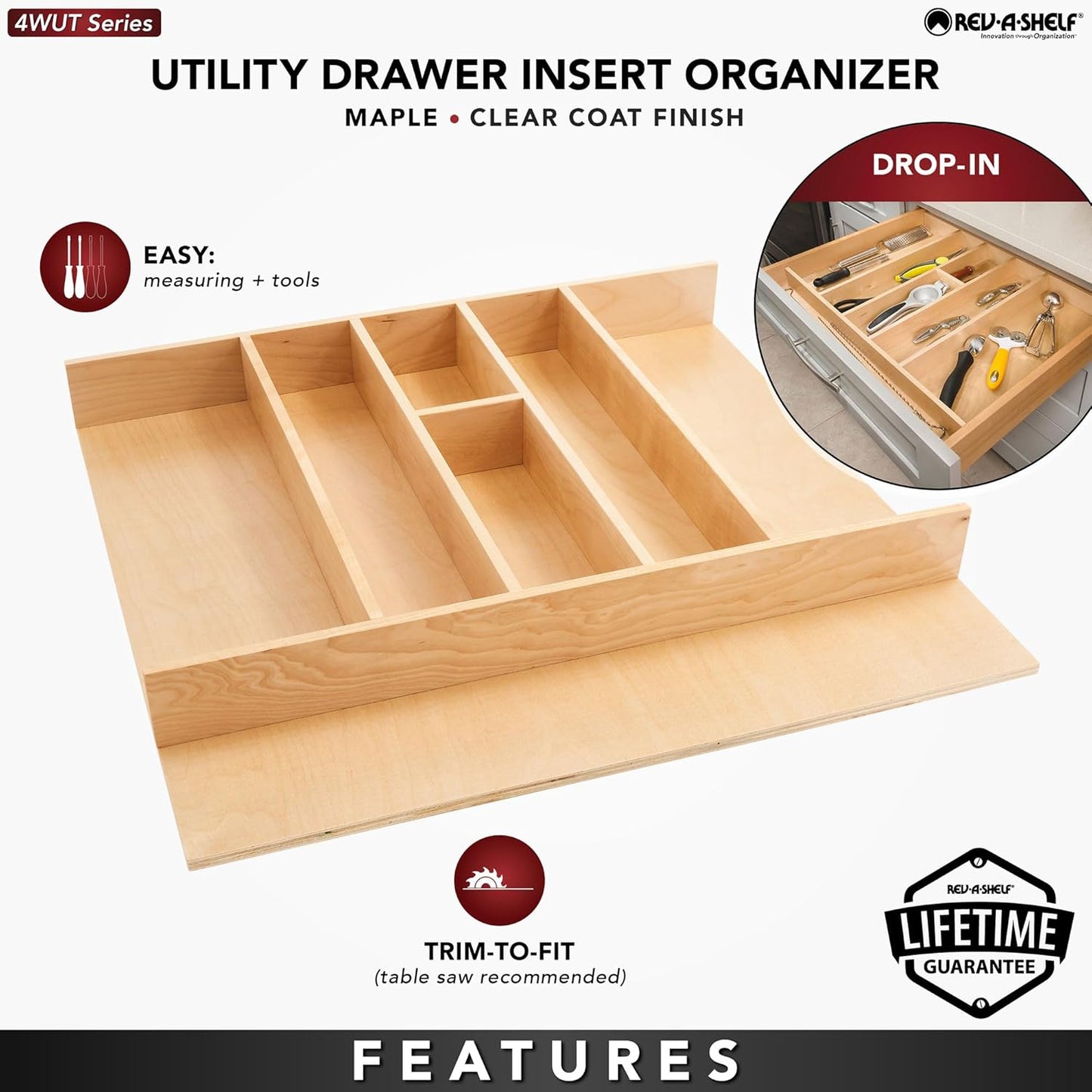 Rev-A-Shelf Trim-to-Fit Silverware Drawer Organizer For Kitchen Utensils, Cutlery Cabinet Storage Divider Insert, 23.98 x 21.97 In, Maple Wood, 4WUT-3