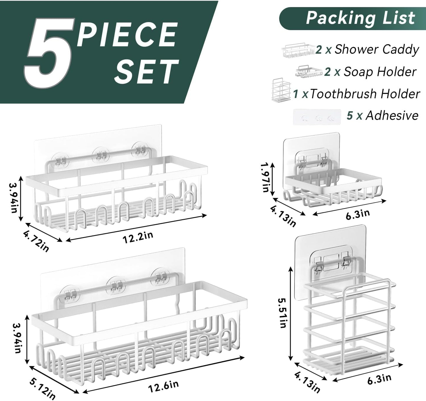 Shower Caddy Organizer Rack Shelf with Soap and Toothbrush Holder,Stainless Steel Organizer for Bathroom Organizers and Storage, No Drilling Wall Mounted Rack Bathroom Caddy White,5-Pack