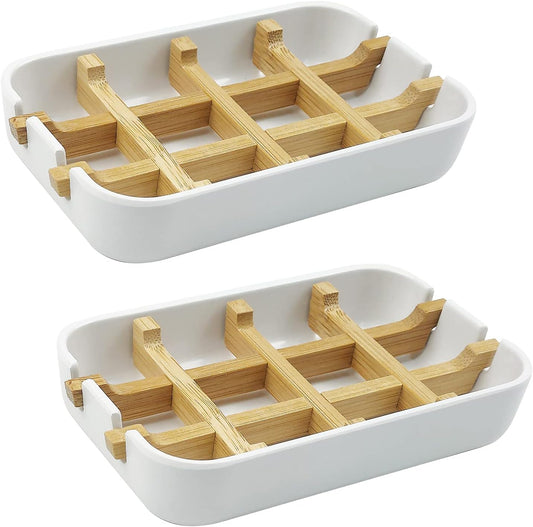 2 Pack Bamboo Soap Dish, Self-Draining Soap Box, Wooden Bamboo Bar Soap Holder for Shower, Bathroom, Kitchen, Bathtub, Bar Sink (White)