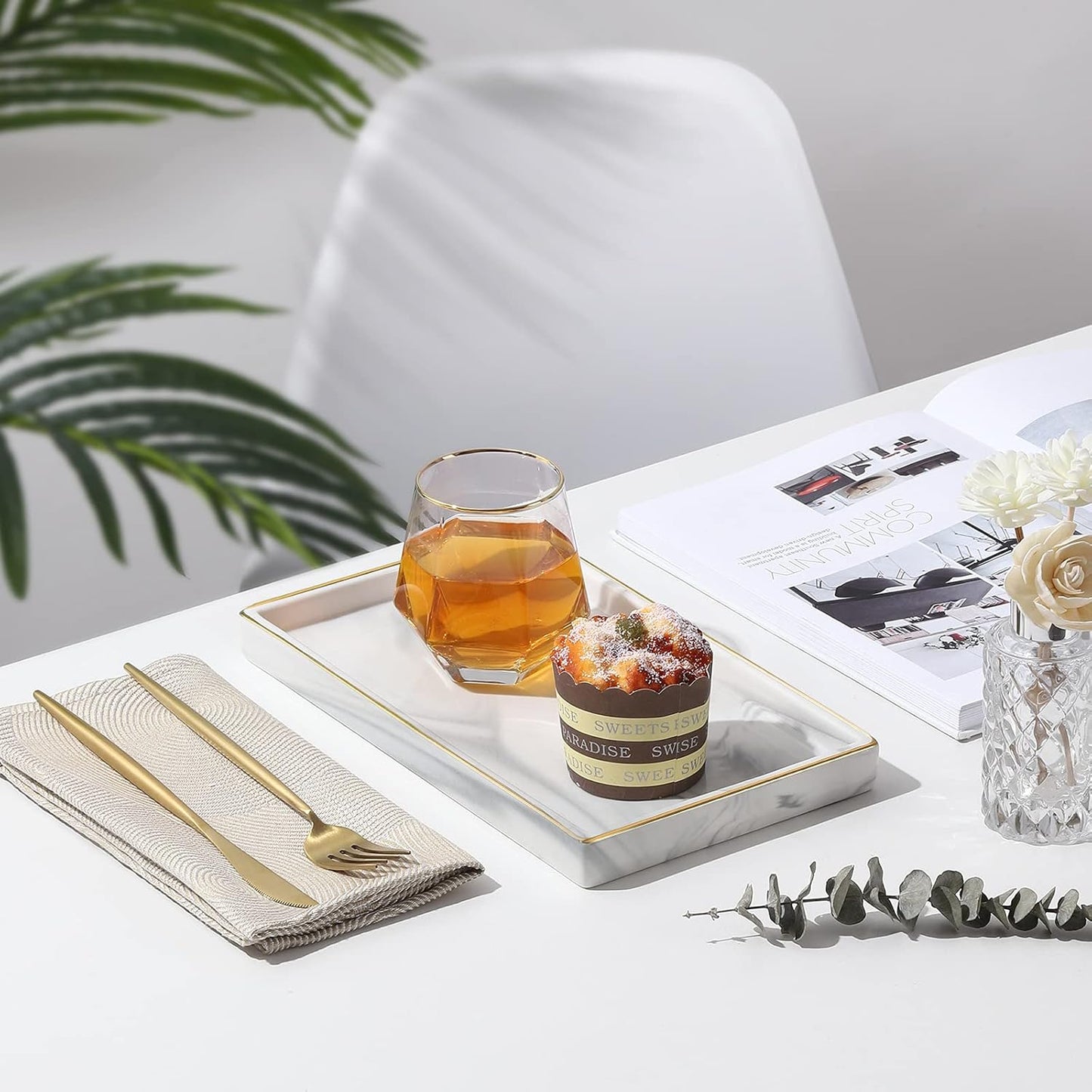 Luxspire Marble Ceramic Vanity Tray - 11" Gold and White Counter Tray for Dresser, Kitchen, Perfume, Bathroom Accessories