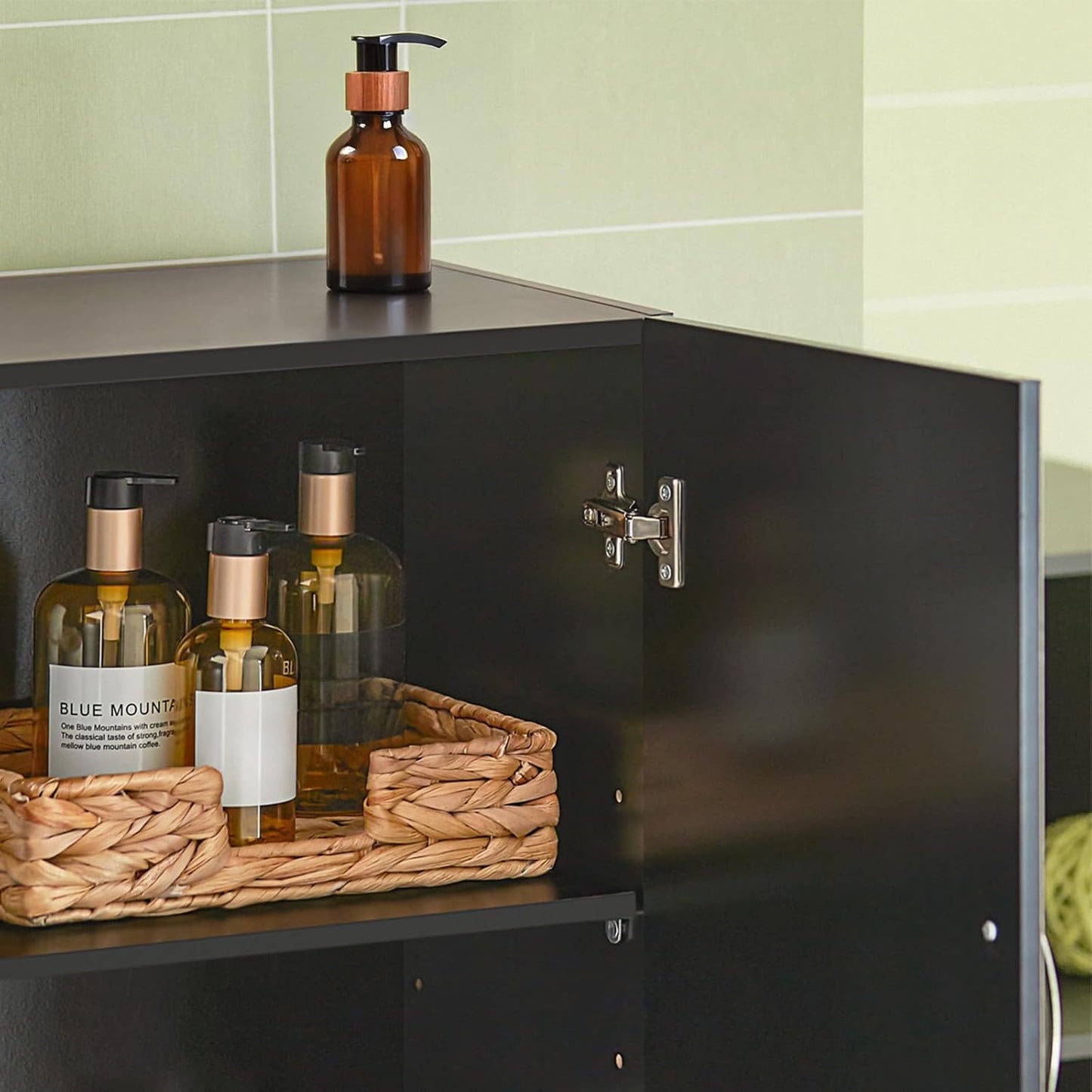 Black Wall Cabinet for Bathroom or Laundry Room, Wall Mounted Storage Cabinet with Doors and Shelf, MDF Organizer Over Toilet, HUS-FRG231