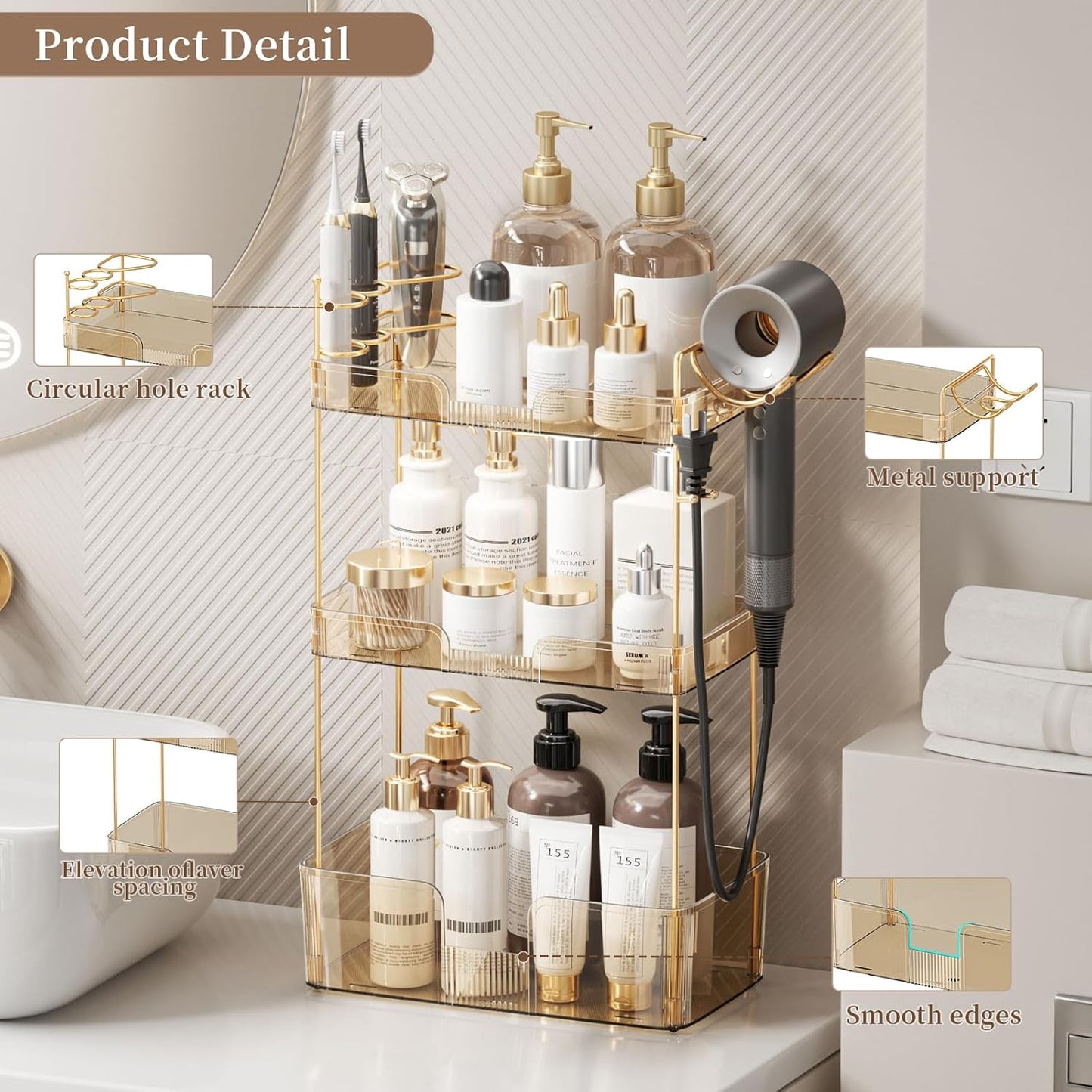3 Tier Bathroom Organizer Countertop Makeup Perfume Tray Skincare Organizer Comes with Hair Dryer Rack and Toothbrush Holder for Bathroom Dresser Vanity (Gold)