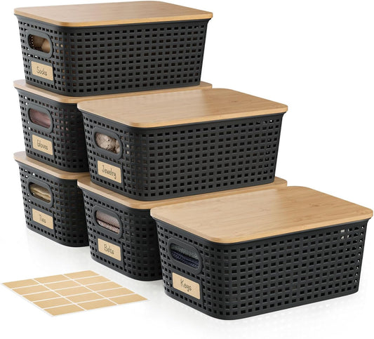 Plastic Storage Bins with Bamboo Lid - Plastic Storage Baskets with Lid - Stackable Container with Lable for Organizing: Small Storage Box for Shelves Office Cabinet Drawer ,10x7.2x4 In - Black 6 Pcs