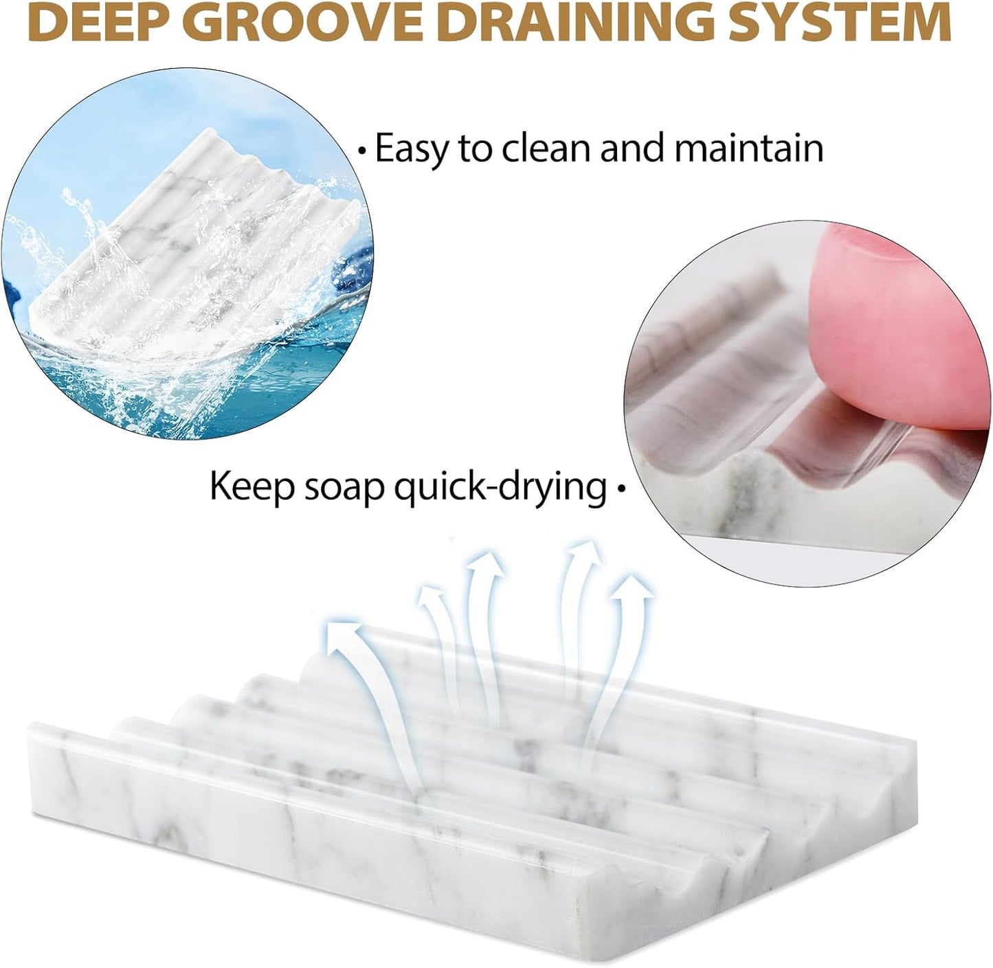 2PCS Koville Italian Natural Marble Soap Dish for Shower, Stone Soap Tray for Bathroom, Bar Soap Holder for Sink, Stripe Grooves Saver Keep Bars Dry Easy Clean (Bianco Carrara)