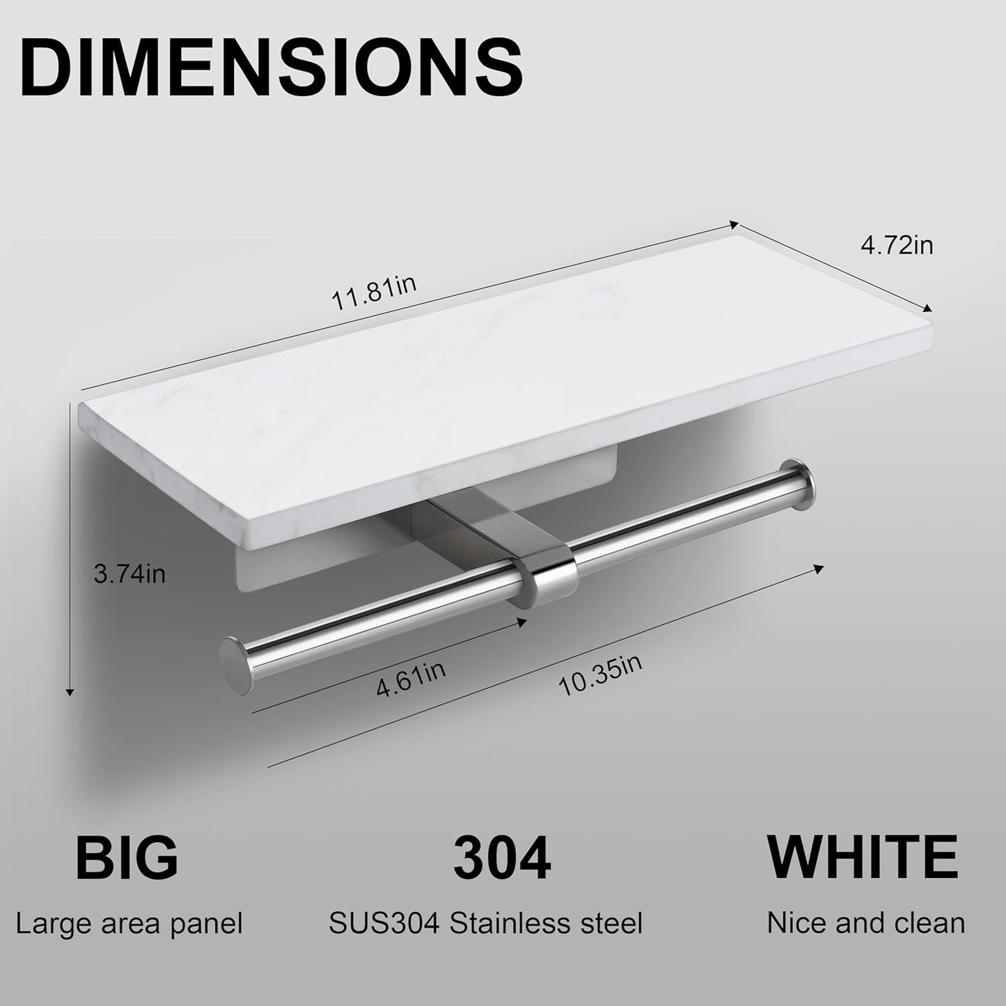 Toilet Paper Holder with Natural Marble Shelf for Bathroom Washroom,Wall Mounted Tissue Holder Suitable for Mega Roll (Brushed Nickel, Large 11.8 * 4.7)