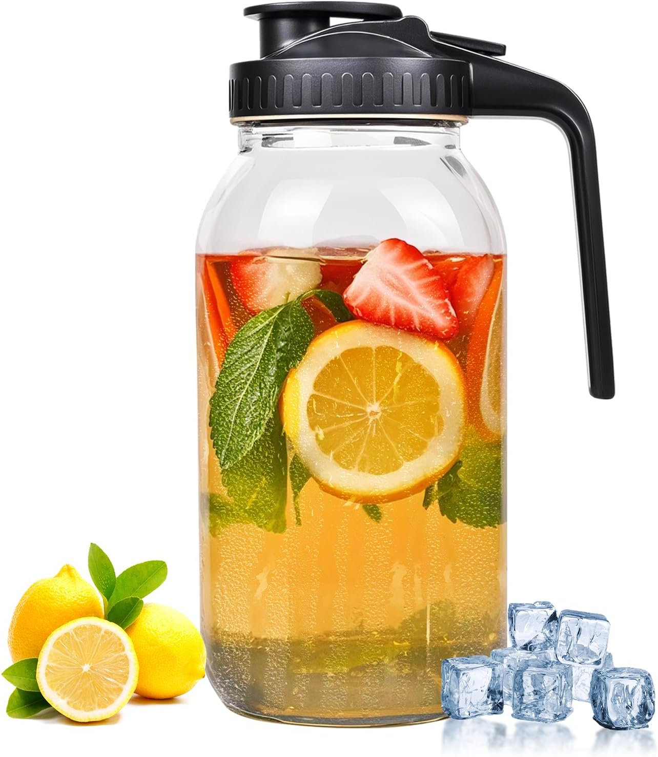 64oz Glass Mason Jar Pitcher with Airtight Lid and Handle – Wide Mouth, Leak-Proof, Ideal for Sun Tea, Cold Brew, Lemonade, Iced Coffee, Milk, and Water (Black)