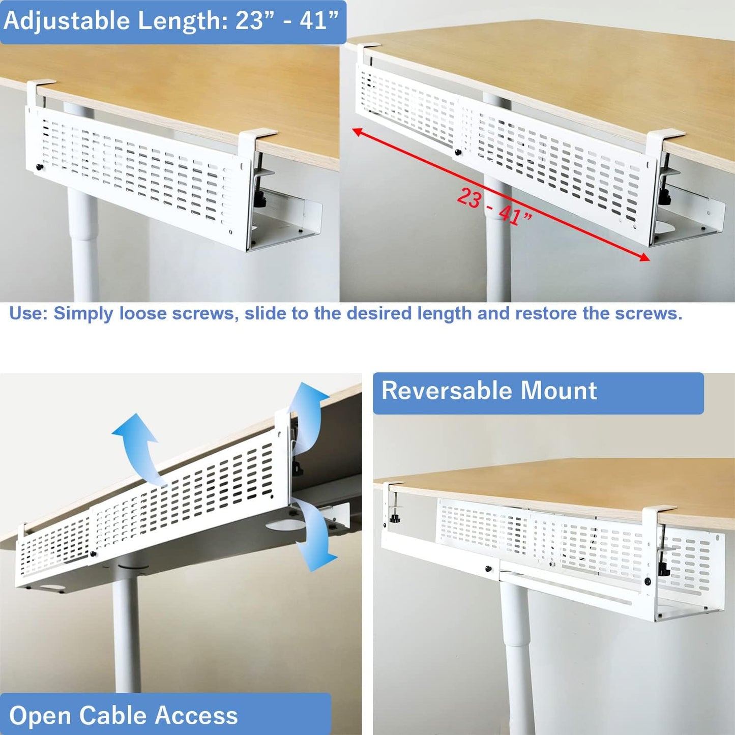 AEONS Under Desk Cable Management Tray Kit - Horizontal Adjustable up tp 41” Desk Organizer Removable C Clamp Mount Reversiable Computer Cord Raceway and Modesty Panel for Large Table, White/Beige