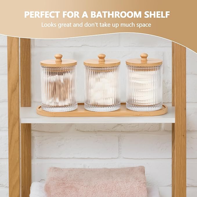 3 Pack Qtip Holder - Bathroom Organizers and Storage, Cotton Round Holder Floss Pick Cotton Ball Holder Swab Dispenser Set with Tray, Glass Apothecary Jars with Lids, -sw clear y