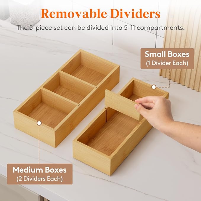 Lifewit Drawer Organizers 5 Pack(11 Grid) with 6 Inserts, Adjustable Bamboo Wooden Drawer Dividers, Stackable Storage Box for Utensils, Silverware, Makeup, Junk in Kitchen/Bathroom/Office/Vanity