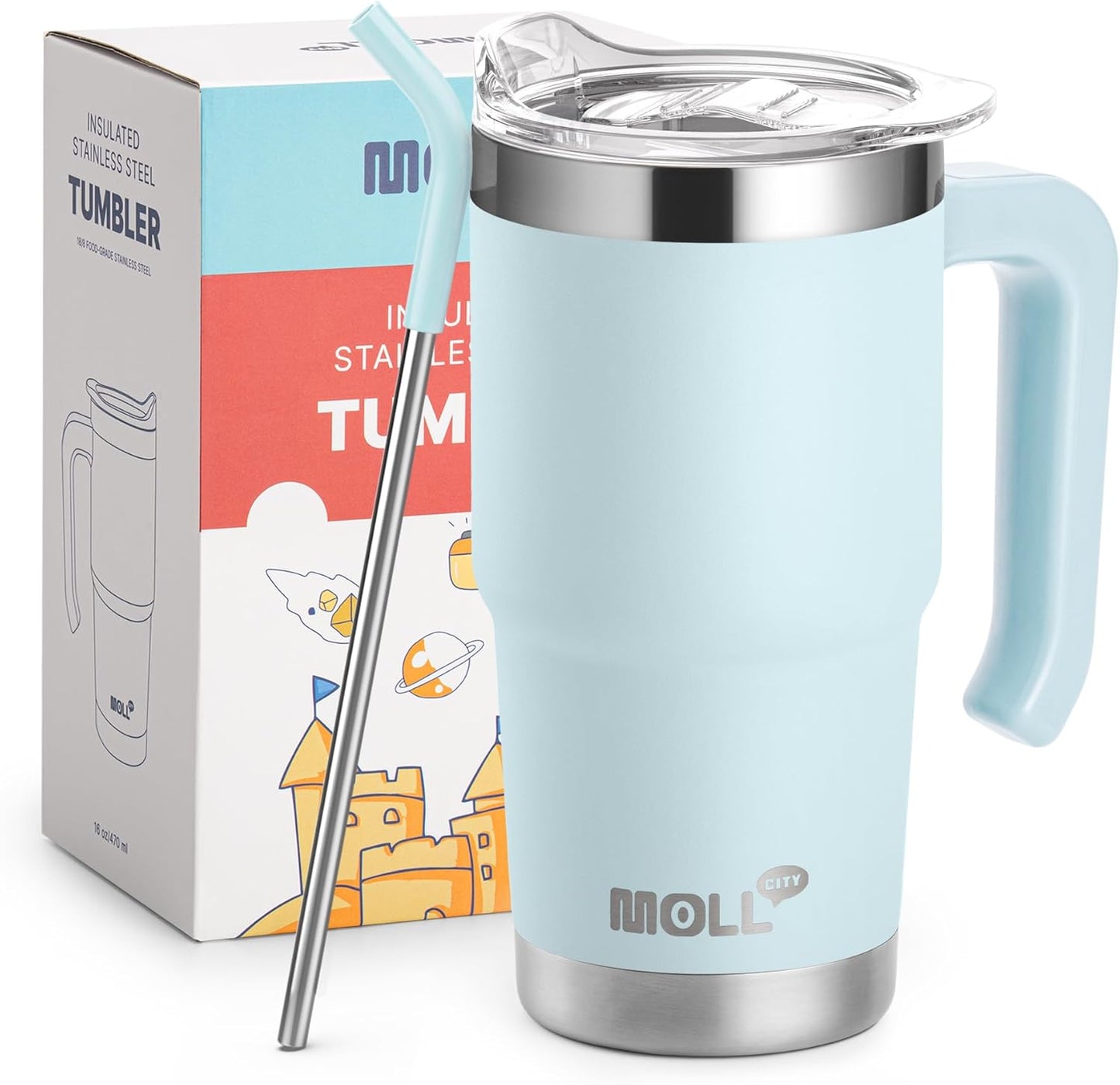 Travel Coffee Mug with Handle 16 oz Stainless Steel Double Wall Vacuum Insulated Tumbler Cup with Lid and Straw (Baby Blue)