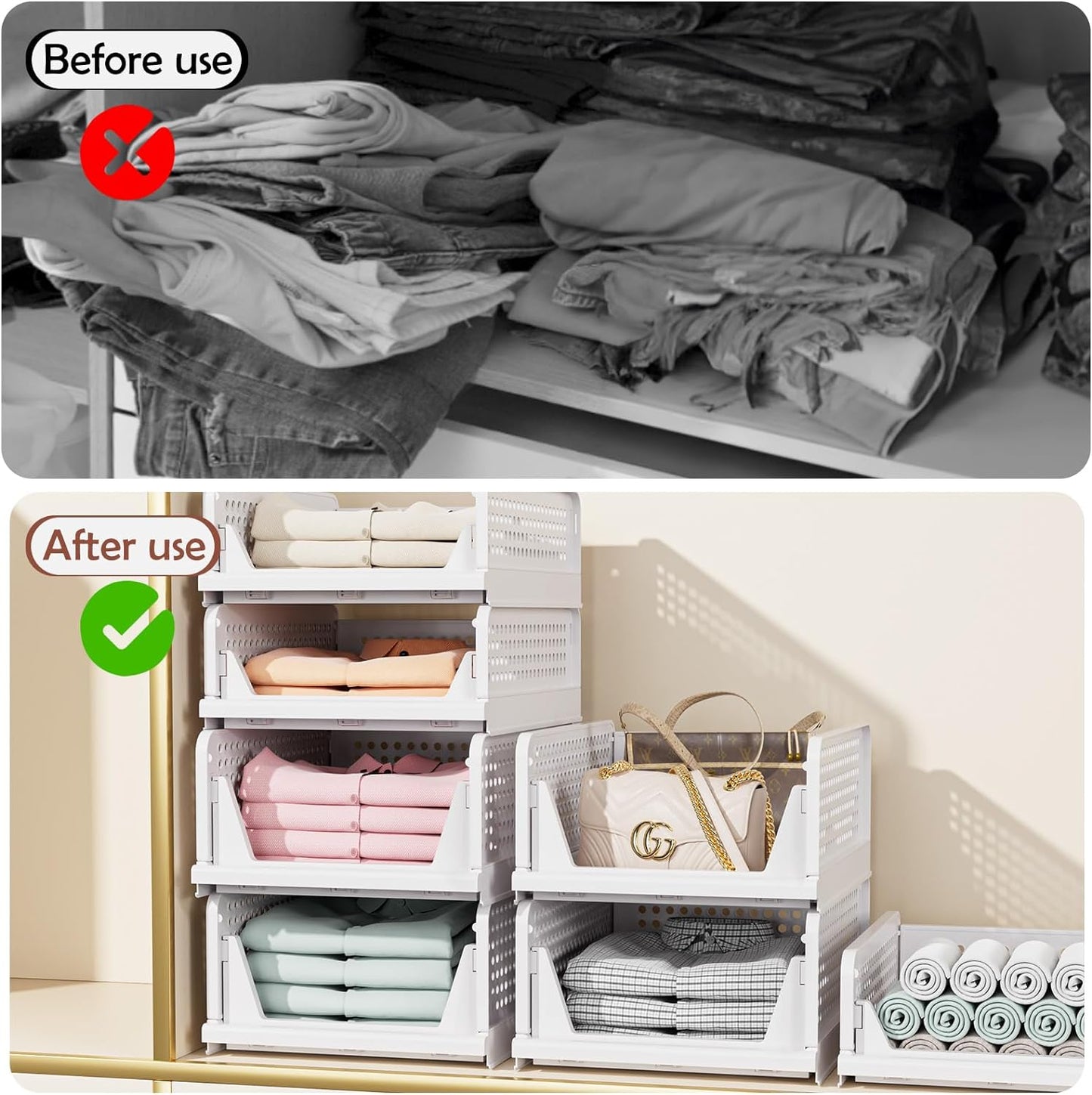 5 Pack Folding Closet Organizers Storage Box, Stackable Storage Bins, Plastic Drawer Basket Closet Storage for Wardrobe Cupboard Kitchen Bathroom Office White-5L