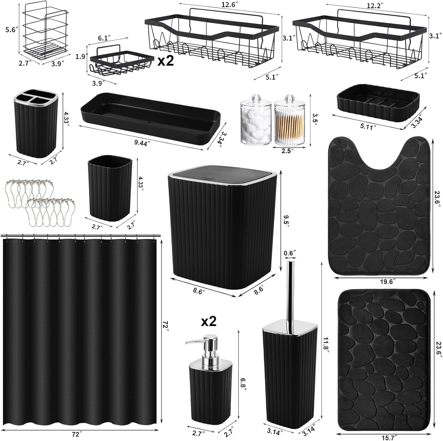 30PC Bathroom Accessories Set - Gorgeous Black Bathroom Set, Bathroom Accessory Set, Black Shower Curtain Set with Bathroom Storage