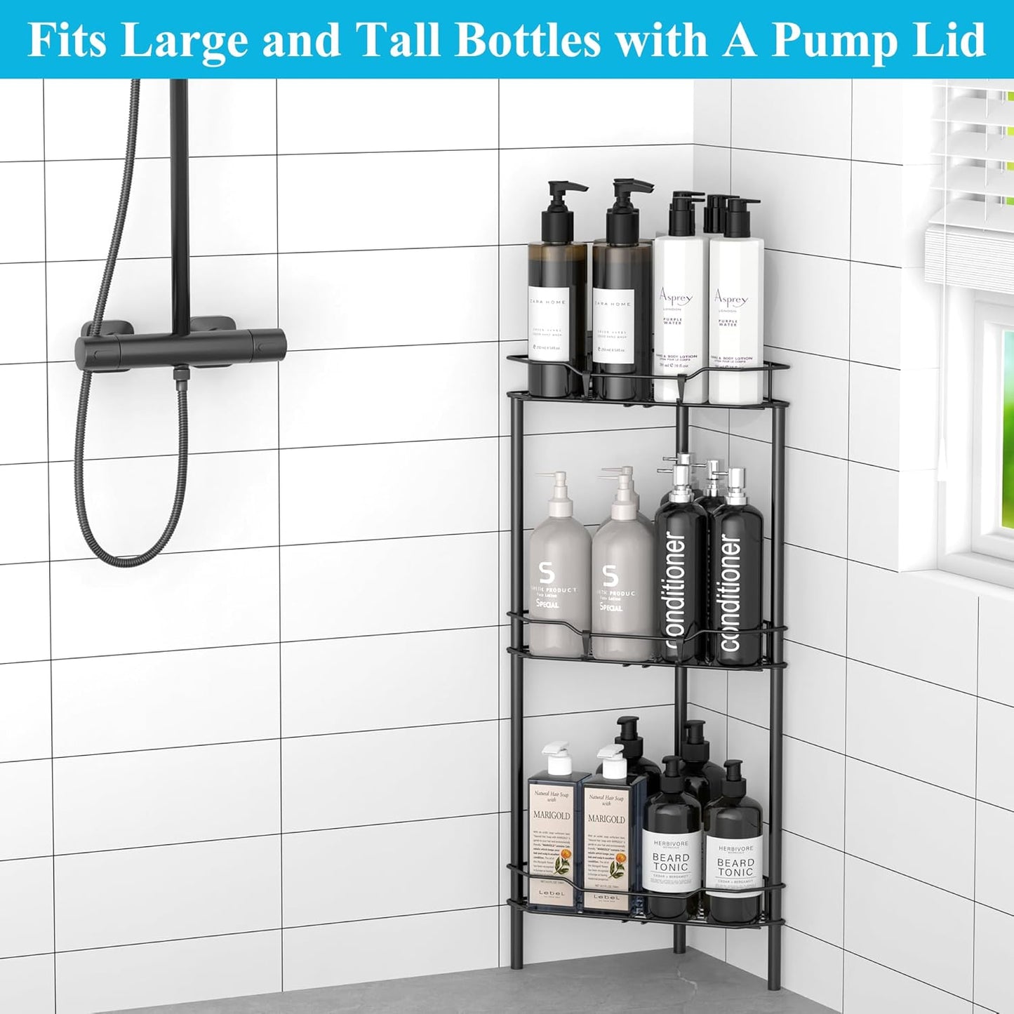 3 Tier Floor Standing Corner Shower Caddy Organizer Shelf with Hooks, Bathroom Shelves Stand Rack, Black