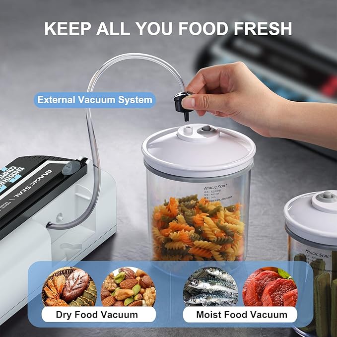 Magic Seal MS175 Vacuum Sealer Machine for Food Preservation, Nozzle Type, Compatible with Mylar Bags, Adjustable Vacuum & Seal Time, Automatic and Manual Mode