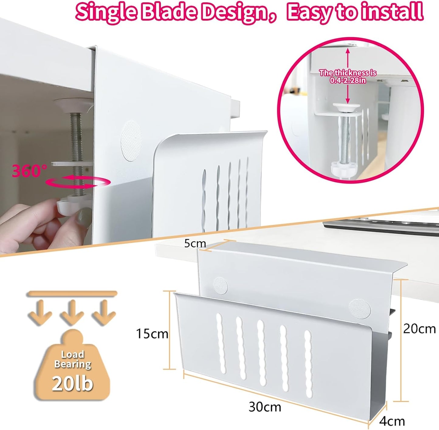 Desk Side Storage, Under Desk Storage, No Drill Steel Hanging Desk Organizer, Laptop Holder, Table Hanging Storages Holder for Office & Home (White)