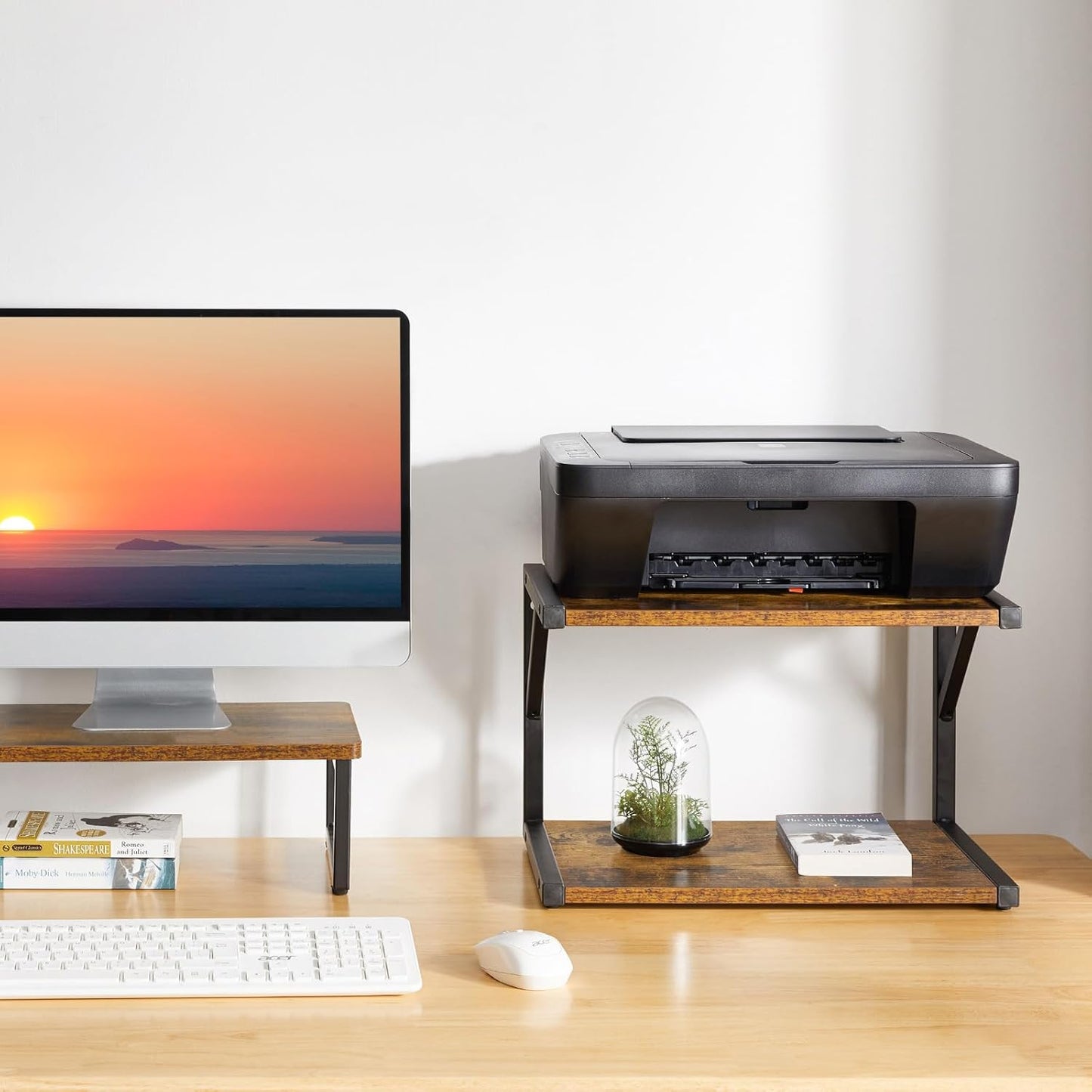 IBUYKE 2-Tier Desktop Printer Stand Holder, Multi-Purpose Desk Organizer Storage Shelf, Book Shelf Printer Shelf for Fax Machine, Scanner, Files, Books, Rustic Brown UTLJ004H