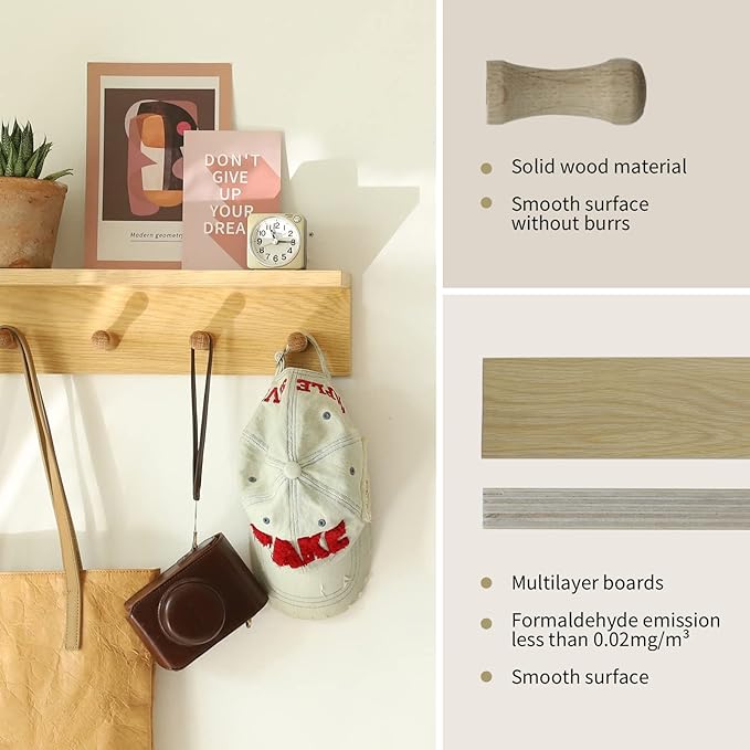 Wall Mount Coat Rack with Shelf, Sturdy Wooden Floating Shelf withHooks Save Your Indoor Space, Wall Organizer siutable for Entryway, Mudroom,Kitchen, Bathroom, etc(Oak Finish)