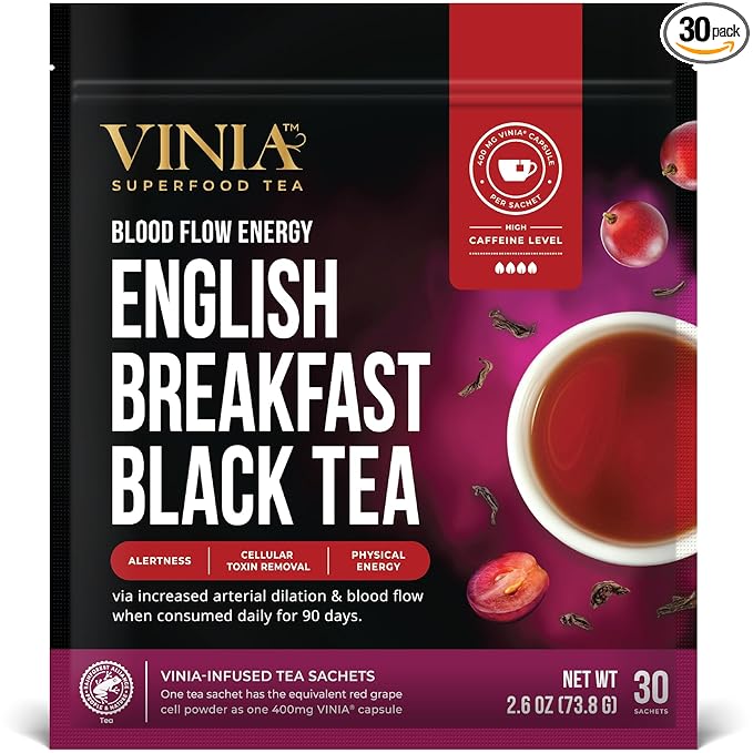 VINIA English Breakfast Black Tea Bags, Made with Organic Tea, Infused with Piceid Resveratrol for Heart Health, Nitric Oxide, Physical Energy, Alertness, Blood Flow, Keto, Kosher, NON-GMO. 30 Ct