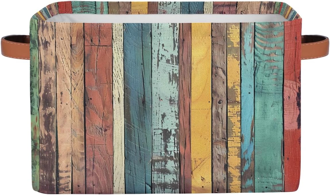 Rustic Wooden Storage Basket for Shelves, Storage Bins with Handles, Collapsible Basket for Organizing, Closet Toy Baskets for Nursery Room, 15x11x9.5 in, Canvas, Rainbow Colored