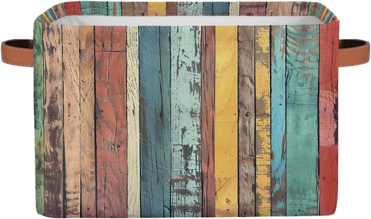 Rustic Wooden Storage Basket for Shelves, Storage Bins with Handles, Collapsible Basket for Organizing, Closet Toy Baskets for Nursery Room, 15x11x9.5 in, Canvas, Rainbow Colored