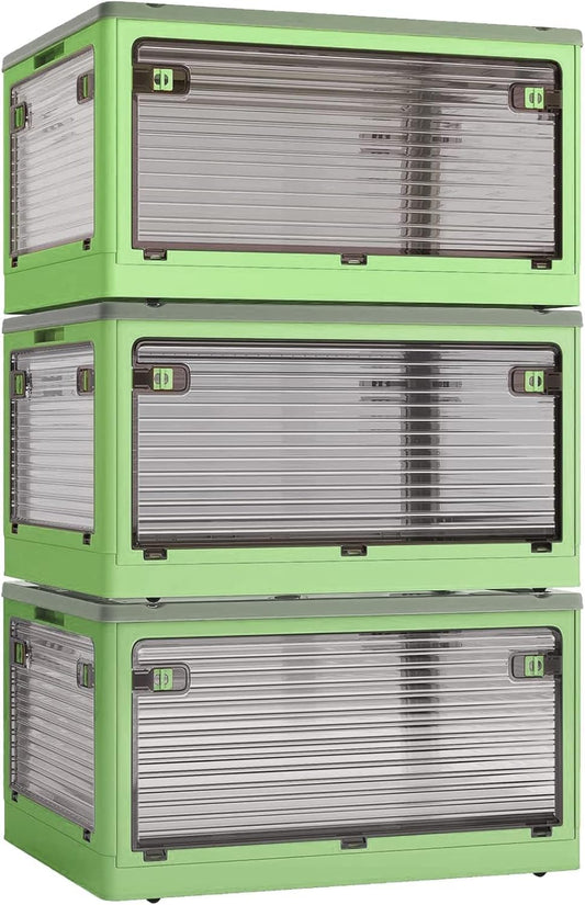 3 PACK Stackable Storage Bins, 83 Liters Closet Organizers with 3 Lids, Wheels, Drawers, Foldable Collapsible Box for Clothes and Camping Out Doors Bins, Green