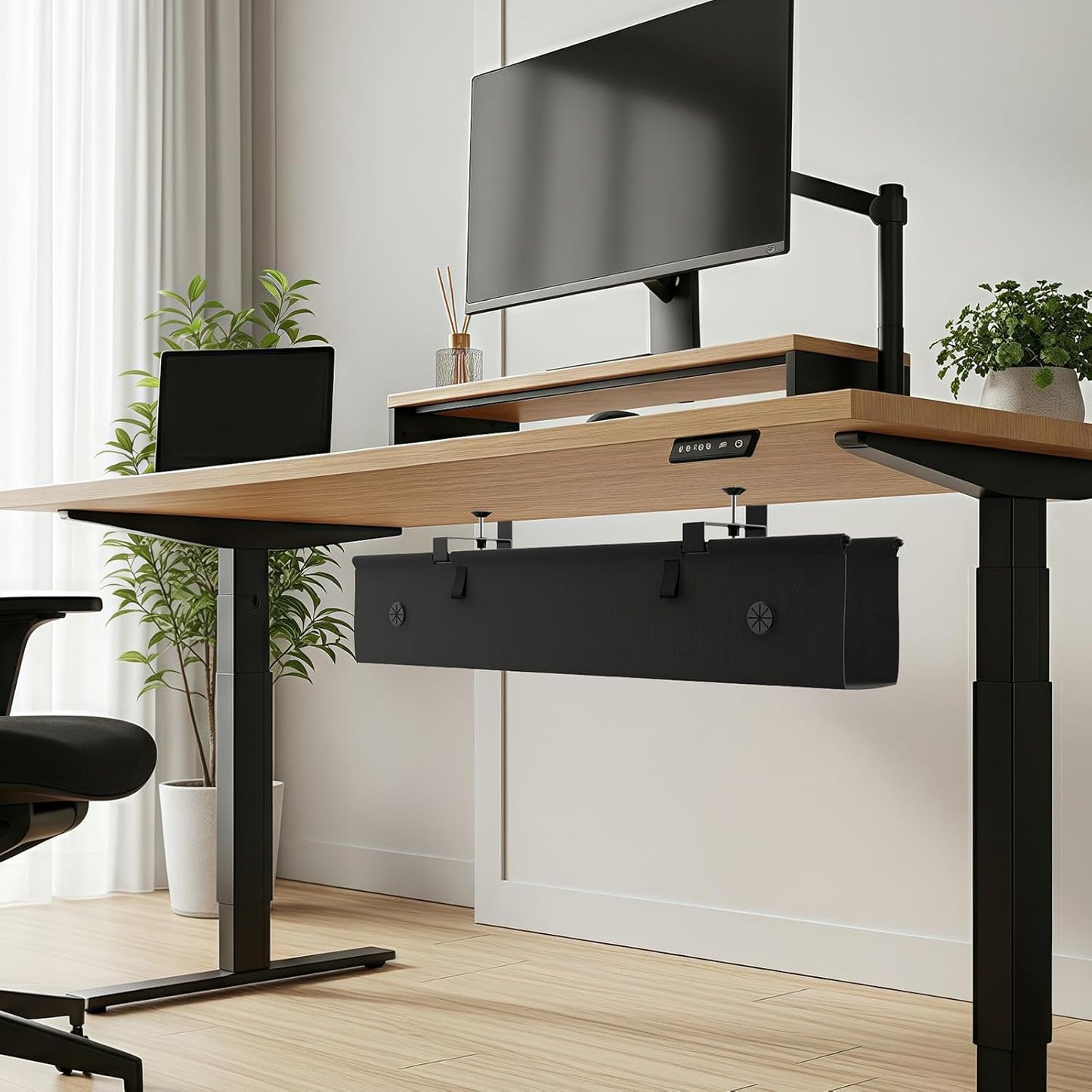 Under Desk Cable Management Tray, 30-inch No-Drill Cord Organizer with Anti-Sag Reinforced Base, Fabric Wire Management Hider for Standing Desk, Office & Gaming Accessories - Black