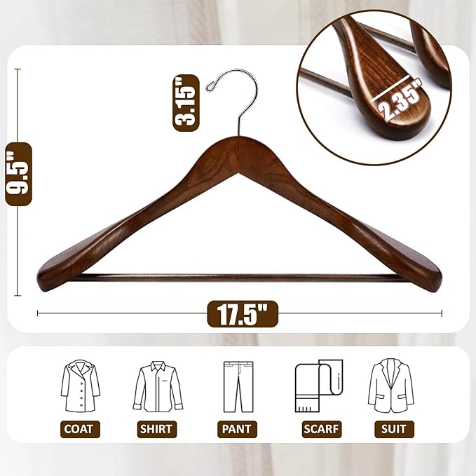 Amber Home 6 Pack Walnut Wide Shoulder Wooden Suit Coat Hangers with Non Slip Pants Bar, Solid Wood Jacket Clothes Hangers Smooth Finish for Sweater, Pants, Heavy Clothes (Walnut, 6 Pack)