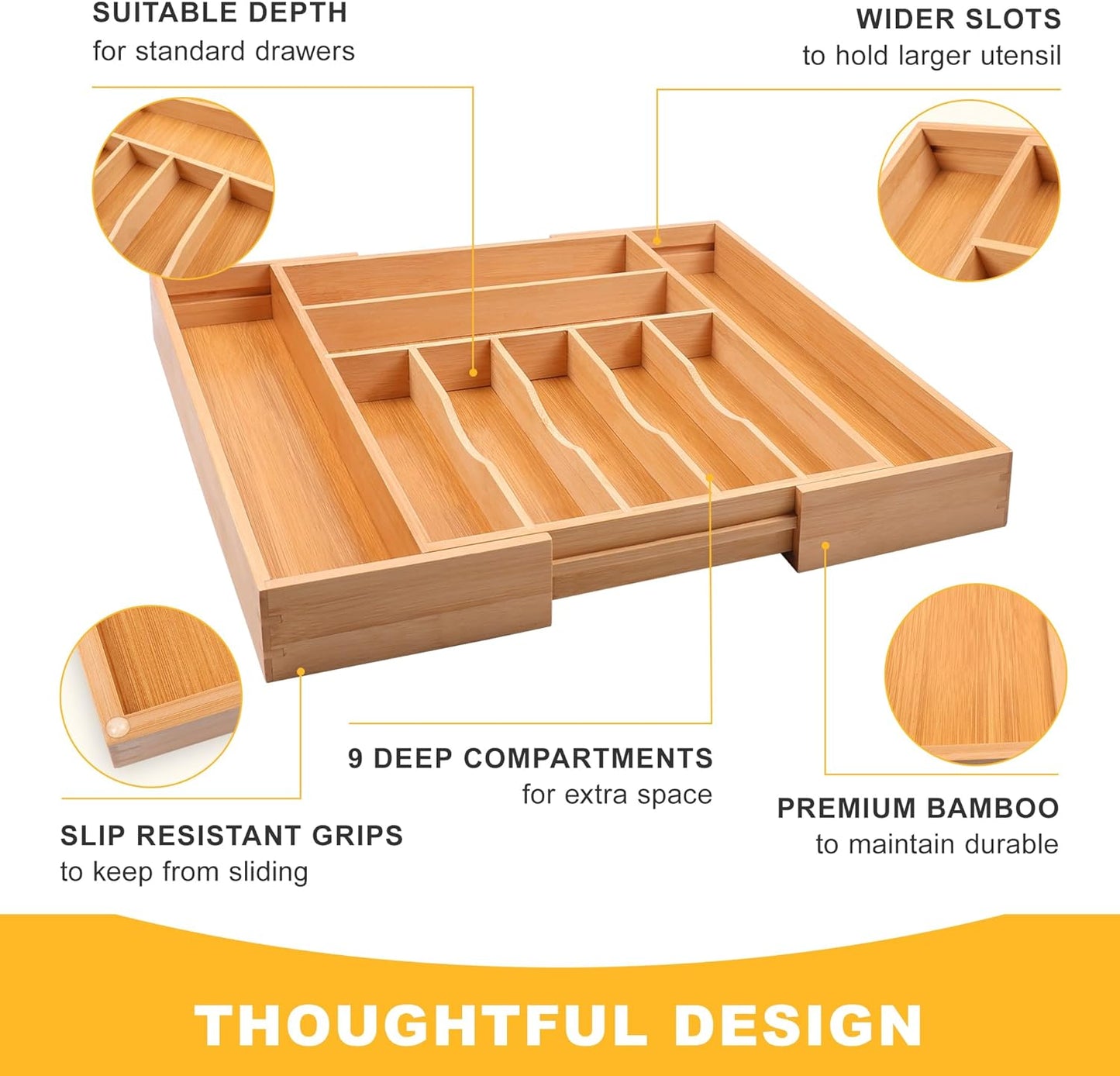 Large Premium Bamboo Silverware Organizer - Expandable Drawer Organizer & Utensil Organizer - 17"x19.7" Cutlery Tray with Dividers for Kitchen Utensils and Flatware (7-9 Slots) (Natural)