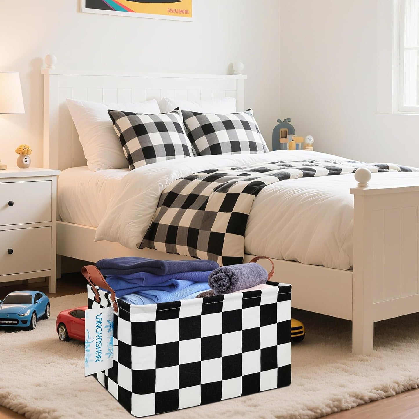 LANGYASHAN Rectangular Storage Bin Collapse Canvas Fabric Cartoon Storage Basket with Handles for Organizing Home Kitchen Boys and Girls Toys Office Closet Shelf Baskets (Rec-Racing flag)