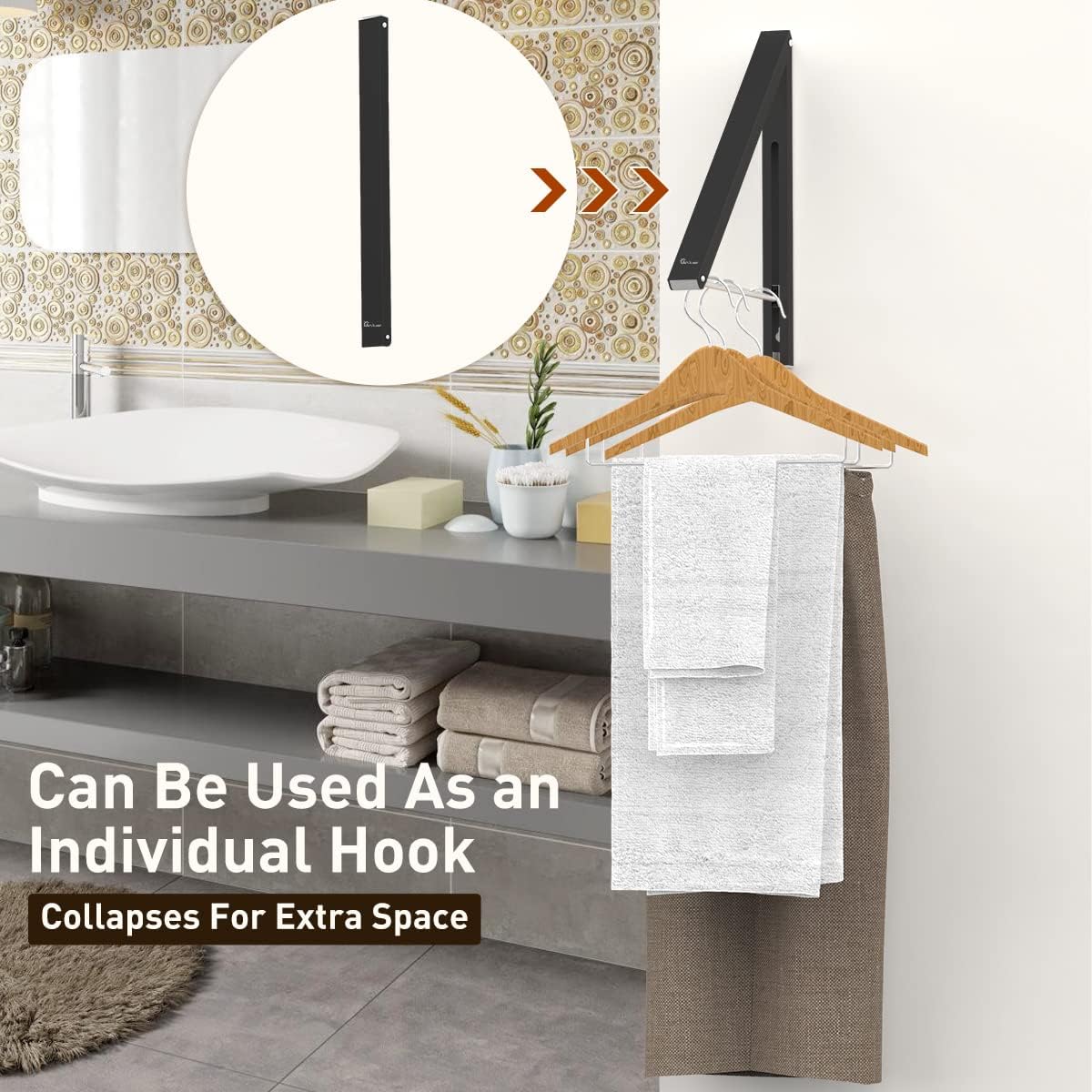 Laundry Room Wall Mounted Drying Rack Clothes Hanger Folding Wall Coat Racks Aluminum Home Storage Organiser Space Savers Black