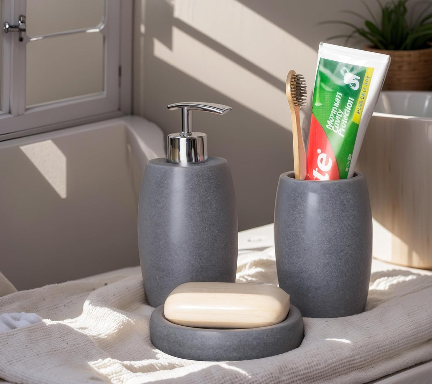 Grey Bathroom Accessories Set 3 PC, Resin Sandstone Look Soap Dispenser, Toothbrush Cup, Soap Dish, Bathroom Soap Dispenser Set for Home Decor and Kitchen
